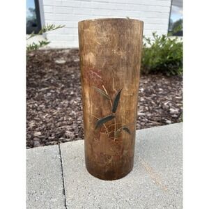 Vintage Hand Carved Painted‎ Bamboo Wood Vase Planter Birds Floral